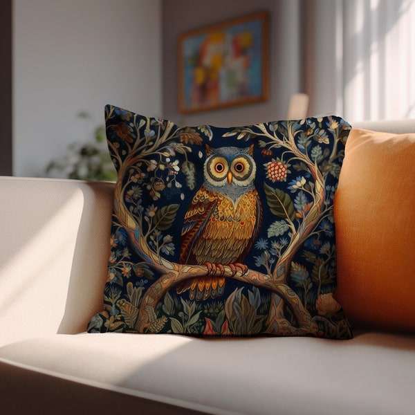 Cottagecore Wise Owl Floral Botanical Pillow Case William Morris Inspired Owl in Forest Design, Forestcore Vibes, INSERT NOT INCLUDED