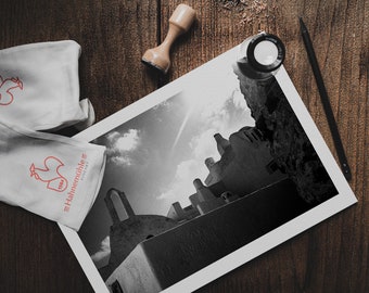 Stampa fotografica in bianco e nero di Santorini, Grecia: decorazione da parete in stile bohémien per il soggiorno