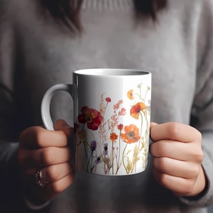 Boho Floral Mug: Vintage Pressed Wildflower Ceramic Coffee Cup
