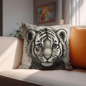 Fundas de cojín de sofá Tiger Cub / Funda de almohada de lanzamiento de doodle inspirada en William Morris, Cottage Core Vibes, Dibujo vintage INSERTO NO INCLUIDO