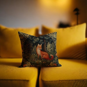 Funda de almohada de zorro de William Morris: cojín decorativo con diseño de animales del bosque, decoración cottagecore