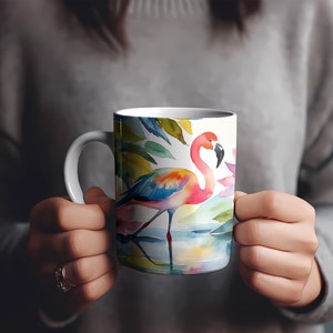 Flamingo Kaffeetasse Aquarell Teetasse Flamingo Vogelliebhaber House Warming Geschenk Blumenbecher Aquarell Keramikbecher für heiße Getränke Kaffeetasse