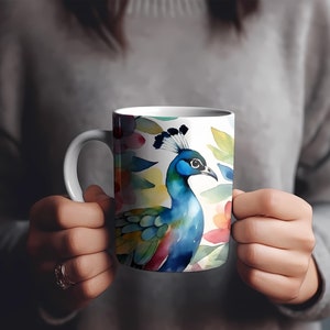 Watercolor Peacock Coffee Mug: Floral Ceramic Tea Cup