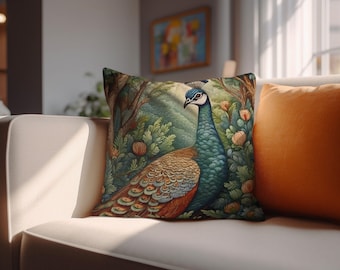 William Morris Peacock Pillow Cover: Botanical Forest Design