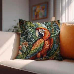 Taie d&#39;oreiller botanique florale perroquet rouge Cottagecore, perroquet inspiré de William Morris dans un design forestier, ambiance Forestcore, SANS INSERT INCLUS