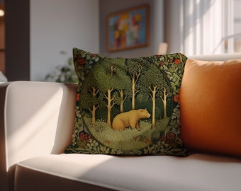 William Morris Bear Pillow Cover: Cottagecore Forest Design