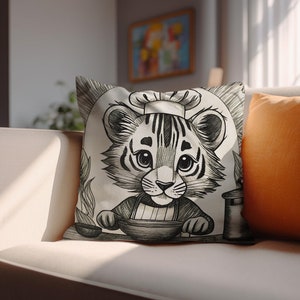 Fundas de cojín de sofá Tiger Cook / Funda de almohada de lanzamiento de garabatos inspirada en William Morris, Cottage Core Vibes, Dibujo vintage INSERTO NO INCLUIDO