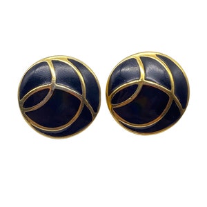 Vintage Monet enamel black & gold circular French clip earrings 80s y2k