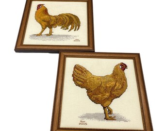 Chicken framed cross stitch wall art pictures rooster hand made kitchen