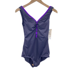 Vintage Maxine of Hollywood one piece swimsuit size 10 NOS black purple Made USA