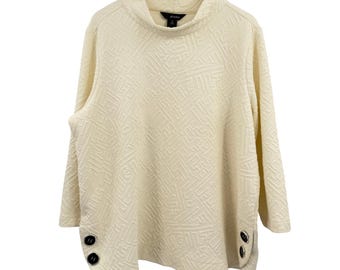 Ali Miles Womens 1X Ivory Textured Geometric Mock Neck Button Side Tunic Top