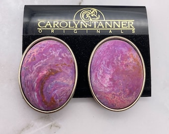Vintage Carolyn Tanner marbled purple oval clip on earrings 80s 90s NOS