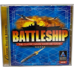 May include: A Battleship CD-ROM game in a clear plastic case. The cover features a naval battle scene with a battleship, fighter jets, and a missile. The game title is in large yellow letters, with the text "The Classic Naval Warfare Game!"