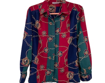 Blusa vintage Alfred Dunner com bloco colorido e botão frontal, camisa tamanho 8 médio grande