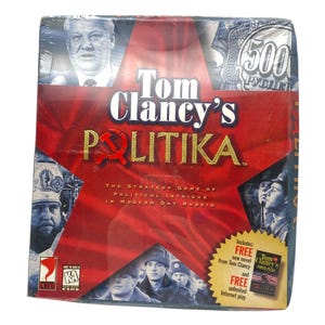 Puede incluir: Caja de juego de mesa sellada para "Tom Clancy's Politika". La caja presenta un diseño de estrella roja con el título del juego en letras blancas y doradas. Se ven imágenes de figuras políticas y soldados.
