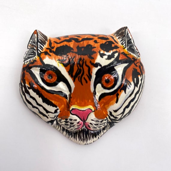 Vintage tiger brooch hand painted wooden big cat - image 3