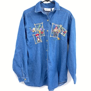 vintage denim Chambray bouton avant Bird house chemise brodée taille moyenne écureuils