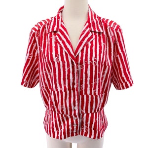Vintage Russ Banded hem red white stripe button front blouse top size Medium large