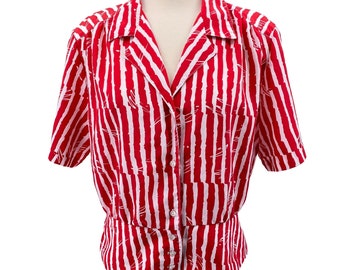Vintage Russ Banded hem red white stripe button front blouse top size Medium large