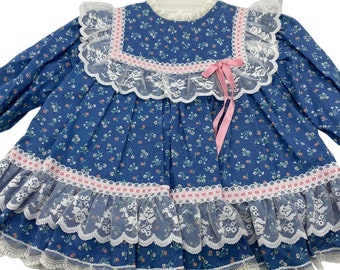 vintage robe à fleurs pour bébés filles Bryan taille 12 m en dentelle bleu prairie USA Cottage