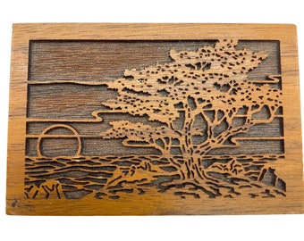 Vintage Laser engraved Walnut wood block Bonsai tree nature scene home decor