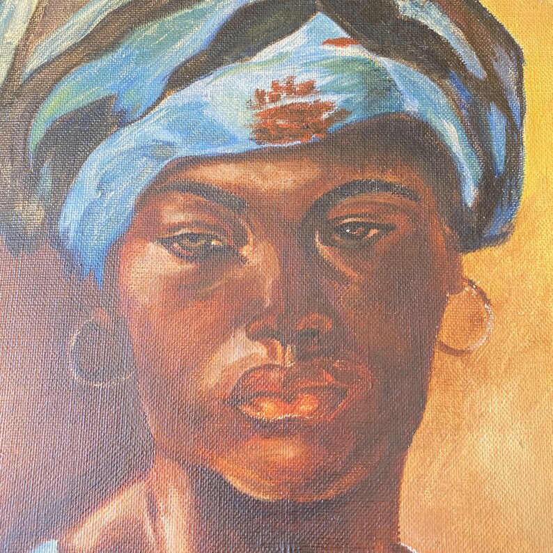 African Art Painting Woman in Blue Head Turban Scarf Signed Cegal Ghana