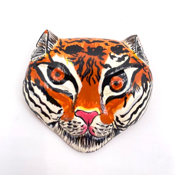 Vintage tiger brooch hand painted wooden big cat - image 1