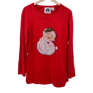 Storybook Knits beaded Santa Claus long sleeve knit sweater size Small sequins