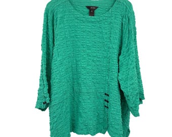 Ali Miles Green Textured Tunic Top Womens 1X Toggle Button 3/4 Sleeve Puckered