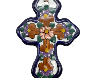 Ornement en forme de croix en faïence de Talavera, peint à la main avec des motifs floraux, en céramique de Jamir, Puebla, Mexique