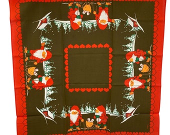 Vintage Scandanavain Gnome square tablecloth Christmas Valentines Cotton MCM