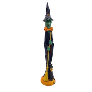 VTG CBK Pencil thin Halloween witch figure 1992 ceramic green broom black cat