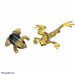 Vintage Kikker broche pin lot van 2 emaille rug strass encrusted gouden toon ongesigneerd
