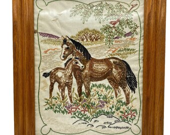 Mare & Foal hand stitched framed photo oak frame cross stitch crewel