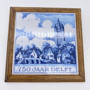 Delft blue & White trivet in wooden frame 750 jaar delft holland Tile