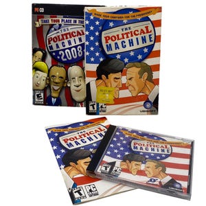 May include: Multiple copies of "The Political Machine" PC game boxes and CD-ROMs. The boxes feature cartoon illustrations of political figures and the American flag. The game is rated Teen.