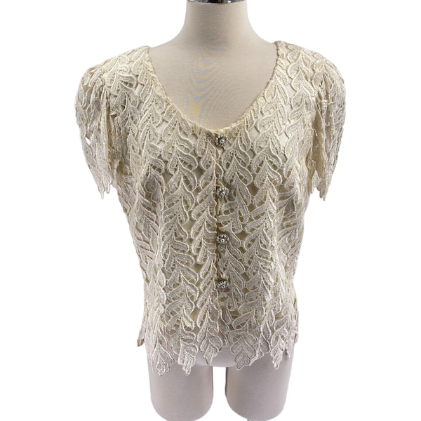 Cachet by Bari Protas lace overlay button front blouse top size 13/14 cream romantic