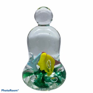 Joe St Clair art glass bell flower paper weight floral green pink bubbles
