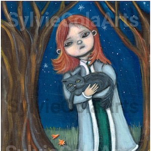 Whimsical Art Oil Painting,Forest Core Black Cat Autumn Art, Naive Folk Art, Girl with Cat and Trees Original Ready to hang Kids Wall Decor