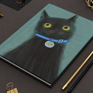 Personalisiertes Katzen Name Journal, wunderliches Art Hardcover Notizbuch, Traum Affirmation Tagebuch, Schwarze Katzen Art Portrait Geschenk, Individuelles Haustier Tagebuch