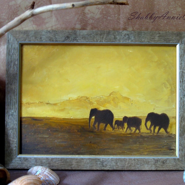 Peinture d'éléphants, art mural ocre jaune, tenture murale de coucher de soleil africain, troupeau d'éléphants, peinture originale, famille d'éléphants, désert d'Afrique