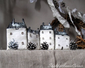 Winter decor White black home decor Handmade Textile houses Rustic decor Painted textile houses Winter cottage mantle decor Shelf sitter