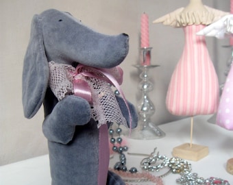 Handgemachte Samt Dackel Puppe, Grau Rosa Französisches Dekor