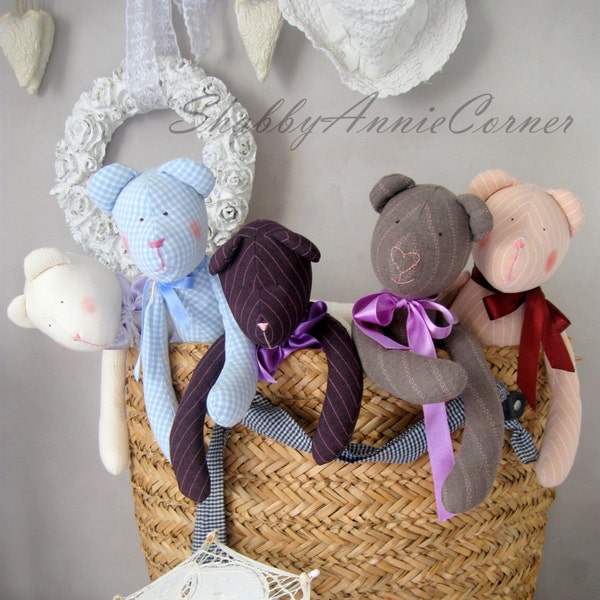 Cadeau unique fait main pour elle, décoration de chambre d'enfant, peluche Tilda, ours en textile, style vintage, rose poudré, ours violet, ours gris, jouets de décoration bleus