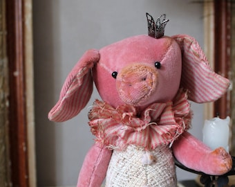 Artist teddy pig Prince doll Pink Vintage style Textile pig doll French country Nursery decor Pigs lovers gift Stuffed pig Shabby chic decor