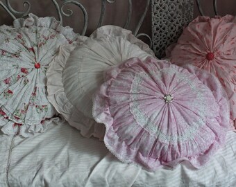 Pink round ruffle pillow Floral pillows Shabby chic pillows Cottage decor Pink room decor Summer pillows Girls Nursery decor Handmade pillow