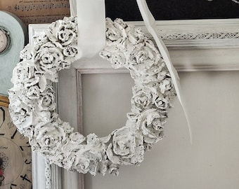 Shabby chic wreath White French Country cottage decor White roses Paper-mache wreath Wedding decor Vintage wall decor Nursery Wall hanging