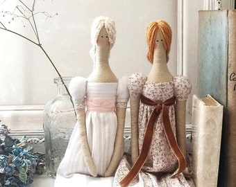 Poupées Tilda OOAK, poupée d'art textile fait main, poupée Austen, décor Régence, fierté et préjugés, poupée en tissu blond, cadeau Jane Austen, poupée en tissu