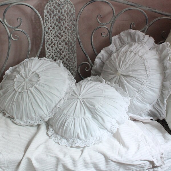 White Shabby Chic pillow White Ruffle Round pillows French country decor Farmhouse chic pillows French chic Cottage home decor White Nursery