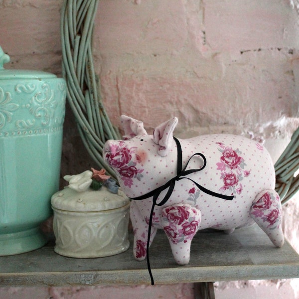 Décoration cochon Tilda Roses roses Cadeaux cochon en textile Cochon en tissu Cochon en peluche Décoration de cuisine de ferme Cochon shabby chic Cottage rose Cadeau pour amoureux des cochons